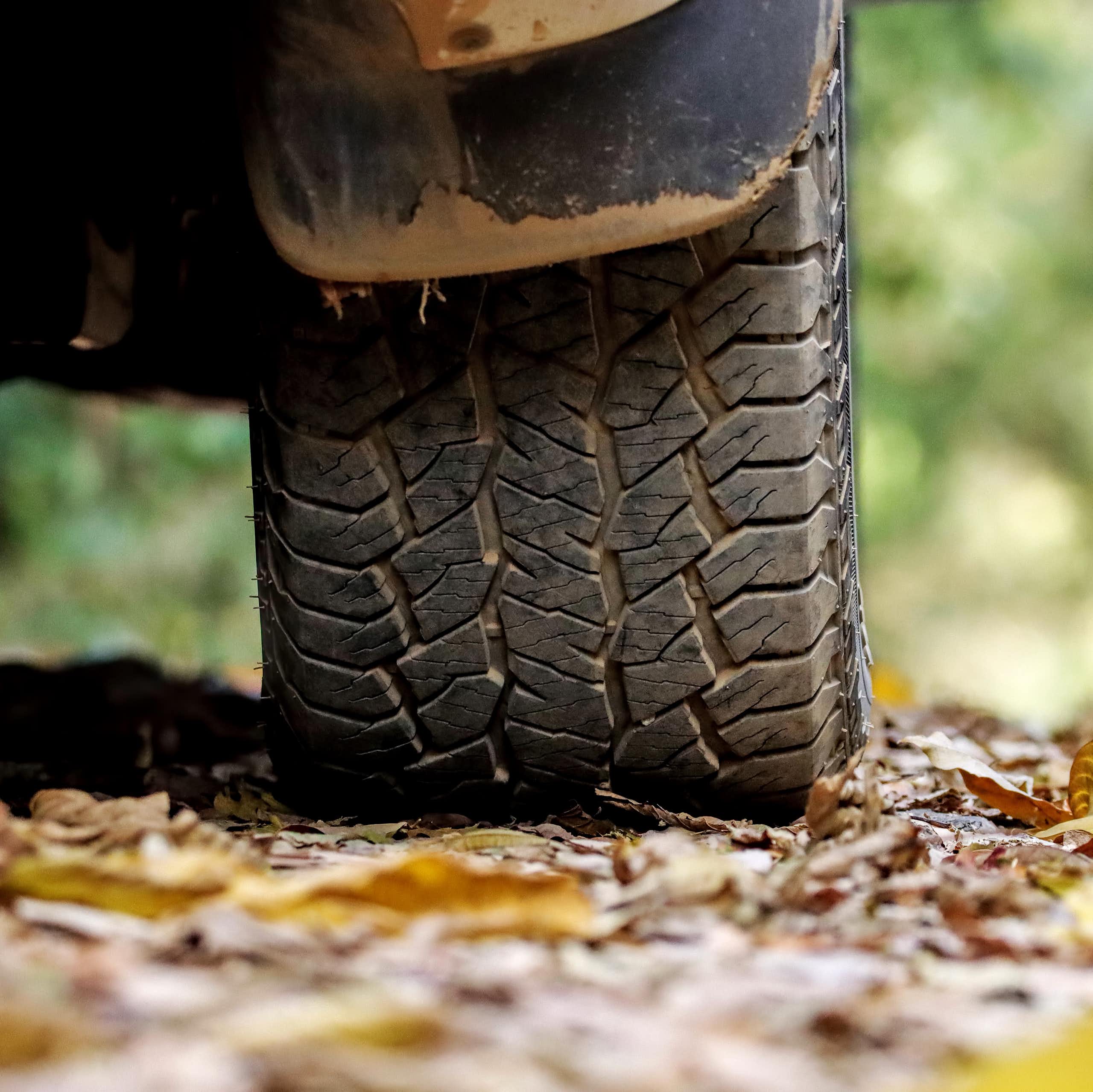 A vehicle with a closeup of the tire on a road with leaves.