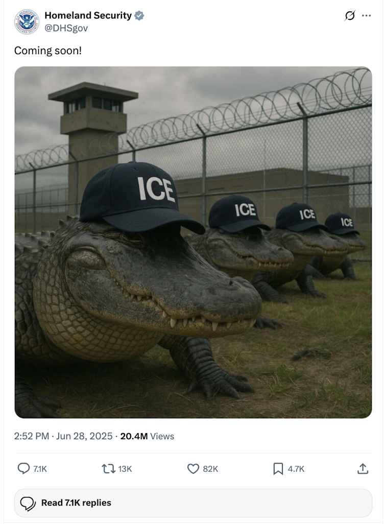 An AI-generated image shows alligators wearing ICE caps outside a heavily fortified facility with barbed wire fences and a watch tower.