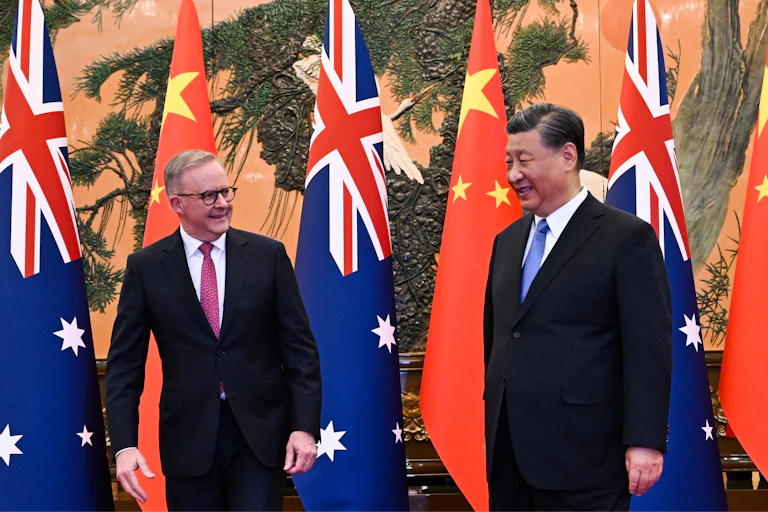 Prime Minister Anthony Albanese and Chinese President Xi Jinping in Beijing's Great Hall of the People