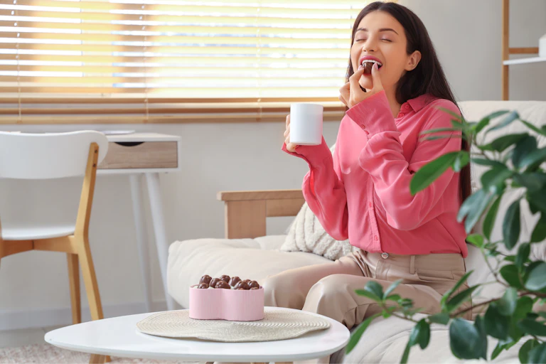 Mulher comendo chocolate e segurando uma caneca de chá