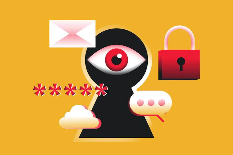 Illustration showing an eye in a keyhole surrounded by floating images of locks, clouds, asterisks and chat bubbles