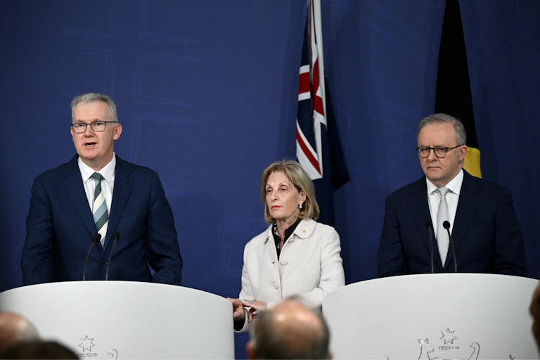 Prime Minister Anthony Albanese, Special Envoy to Combat Antisemitism Jillian Segal and Minister for Home Affairs Tony Burke speak to media