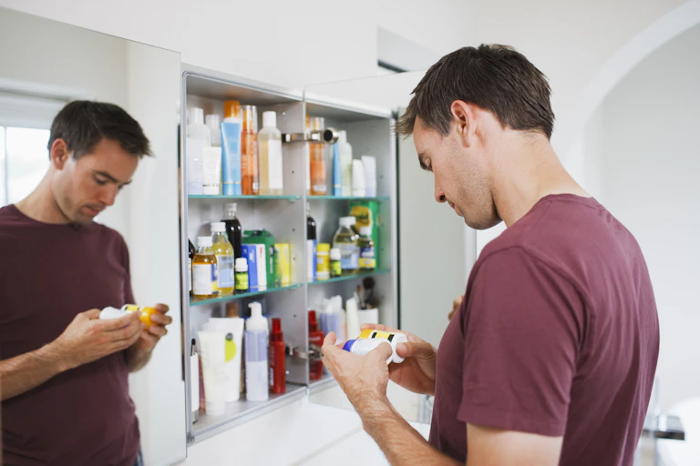 Man compares medicines from his cabinet