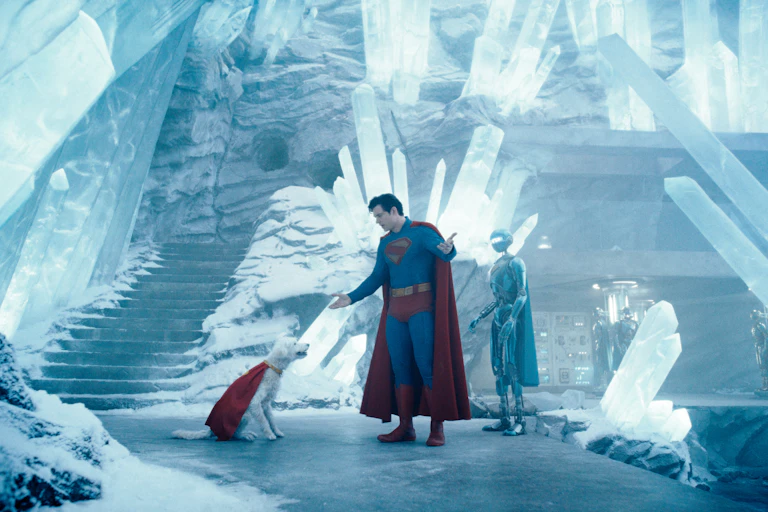 David Corenswet as Superman in an ice palace with his dog, Krypto.