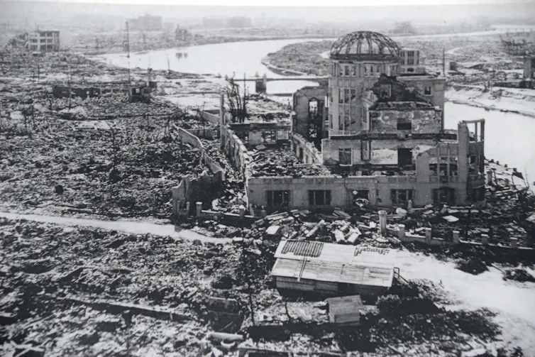 A devasted city after an atomic bomb.