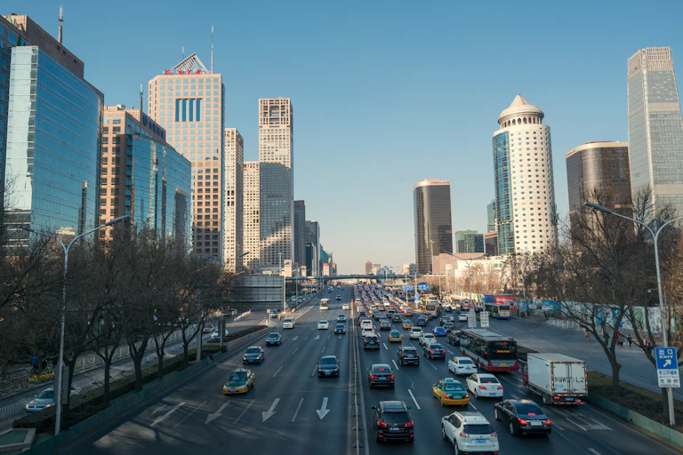 traffic jam in city centre, blue sky, clean air in Beijing