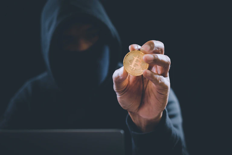 A masked man holding a bitcoin in his hand.