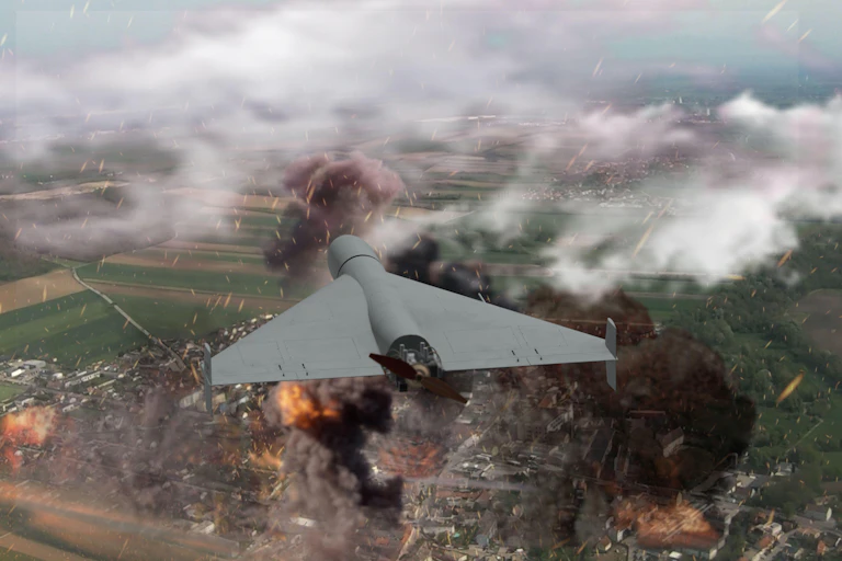 A drone flying over a city.