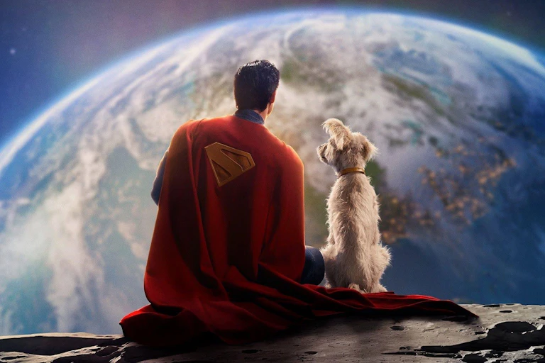 Un hombre con capa roja y un perro observan la Tierra desde el espacio.