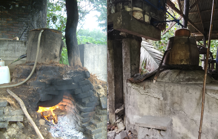 Side by side images of metal distilling containers with tubes emerging from each of them.