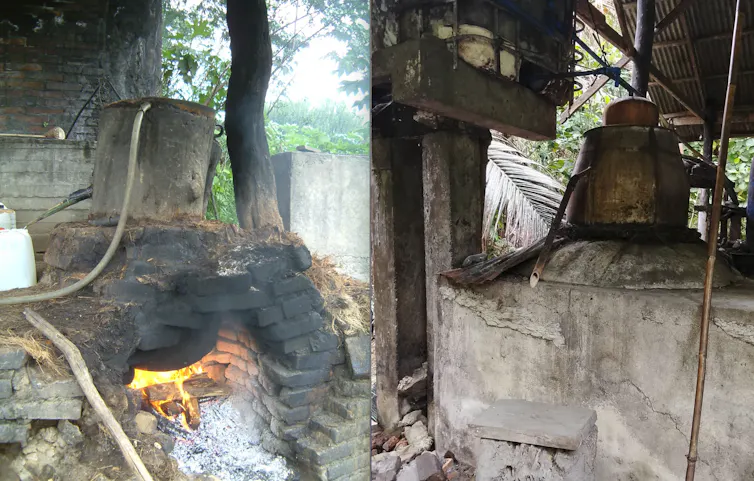 Side by side images of metal distilling containers with tubes emerging from each of them.