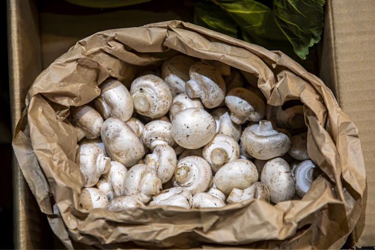 A bag full of white button mushrooms.