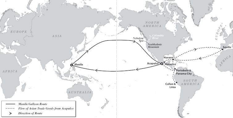 Map of the world with lines from one continent to the next indicating trading routes.