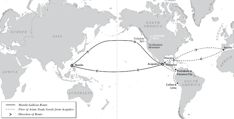 Map of the world with lines from one continent to the next indicating trading routes.