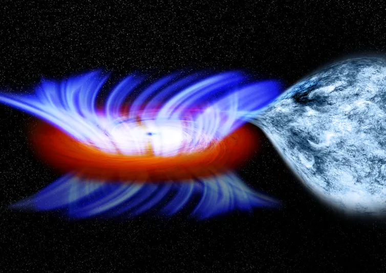 An illustration of a black hole with gas swirling around it, coming from a large cloud around a star on the right.