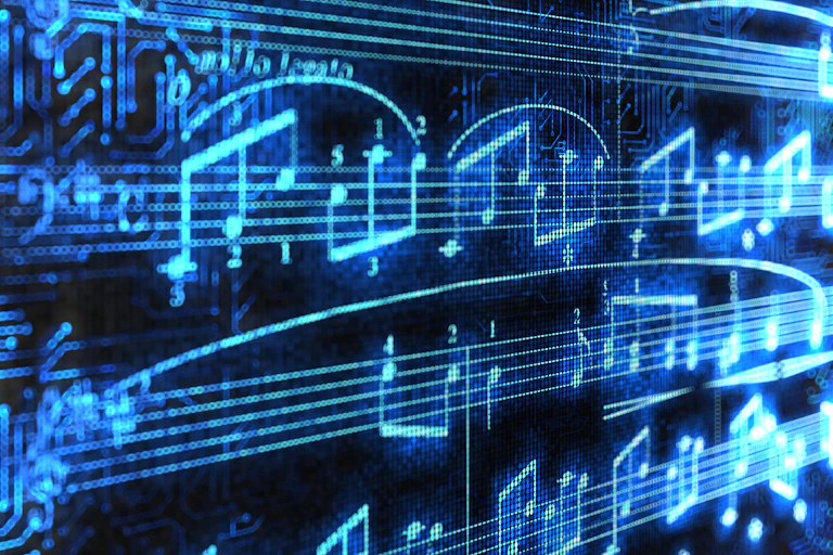 Glowing blue musical notation against a black background