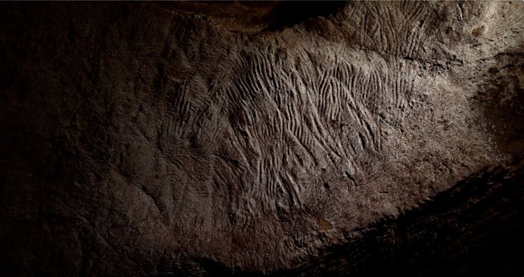 Beautiful high relief image of overlapping wavy grooves in soft, mauve coloured rock.