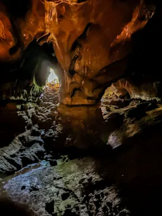 A vibrant limestome cave entrance with a creek bed in the foreground.
