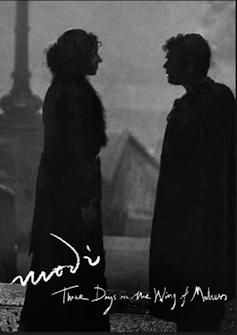 Film poster for Modigliani showing two people facing each other in silhouette.