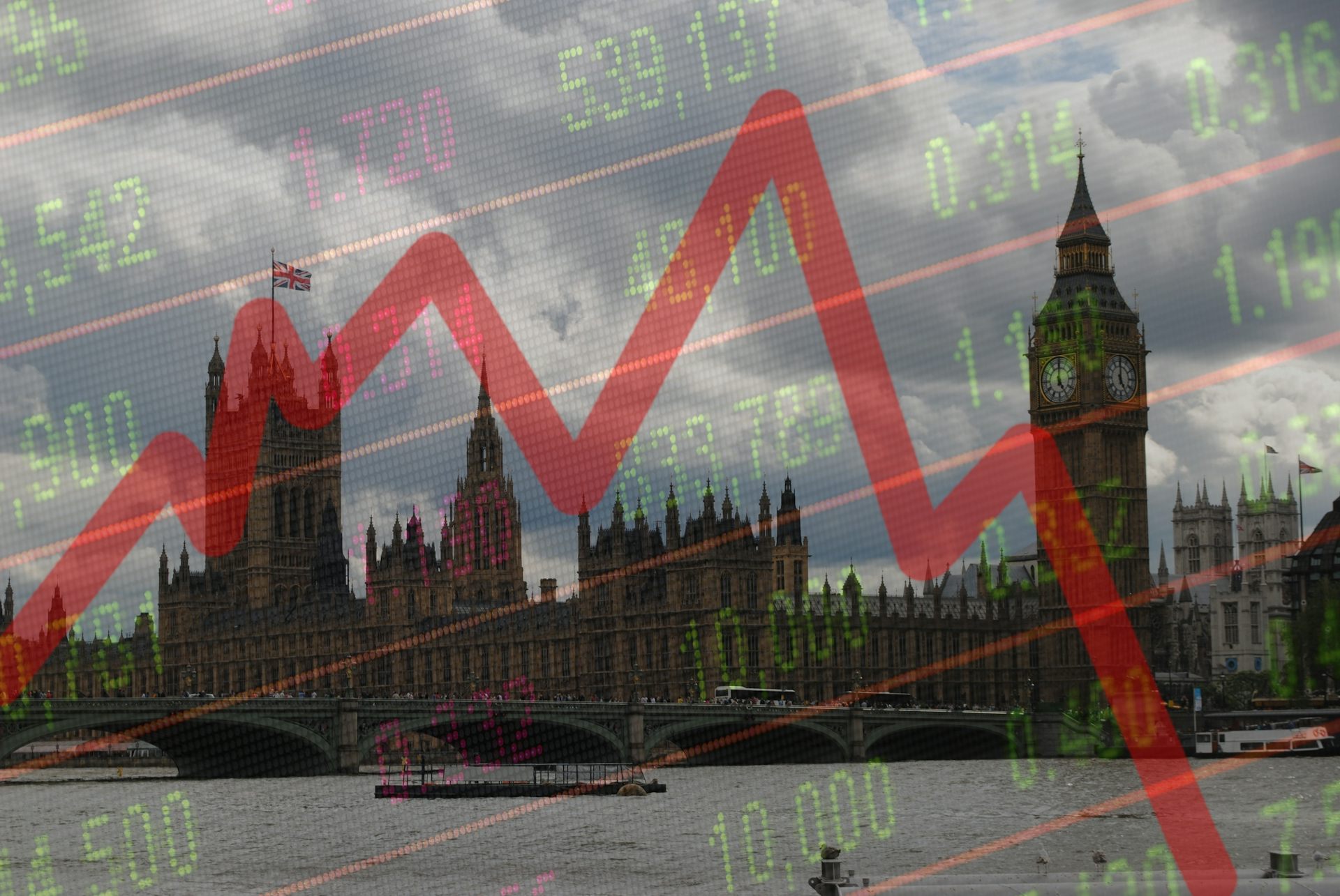 House of Commons with red graph overlay and digital financial figures.