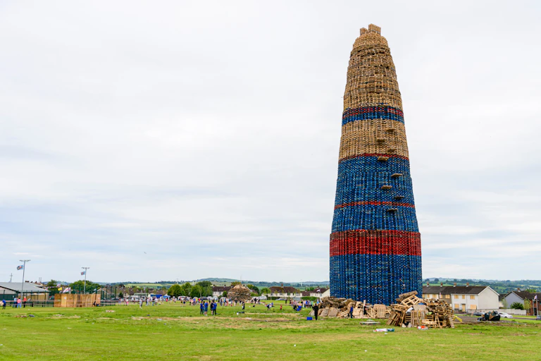 203ft red, white and blue bonfire stack in craigyhill , northern ireland