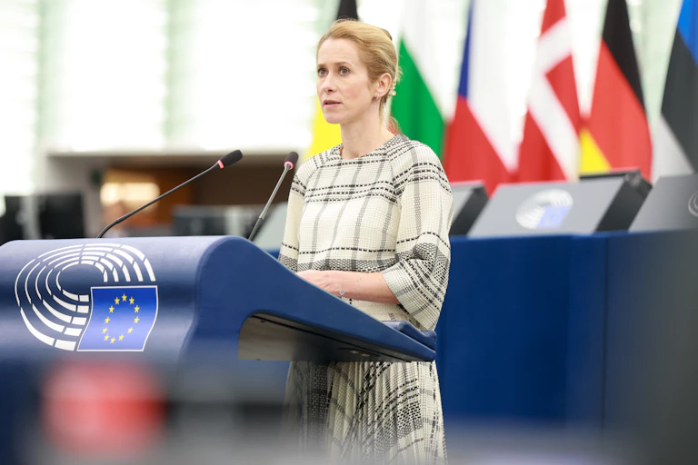 A woman stands behind a podium and microphone at the European Parliament Plenary Session.