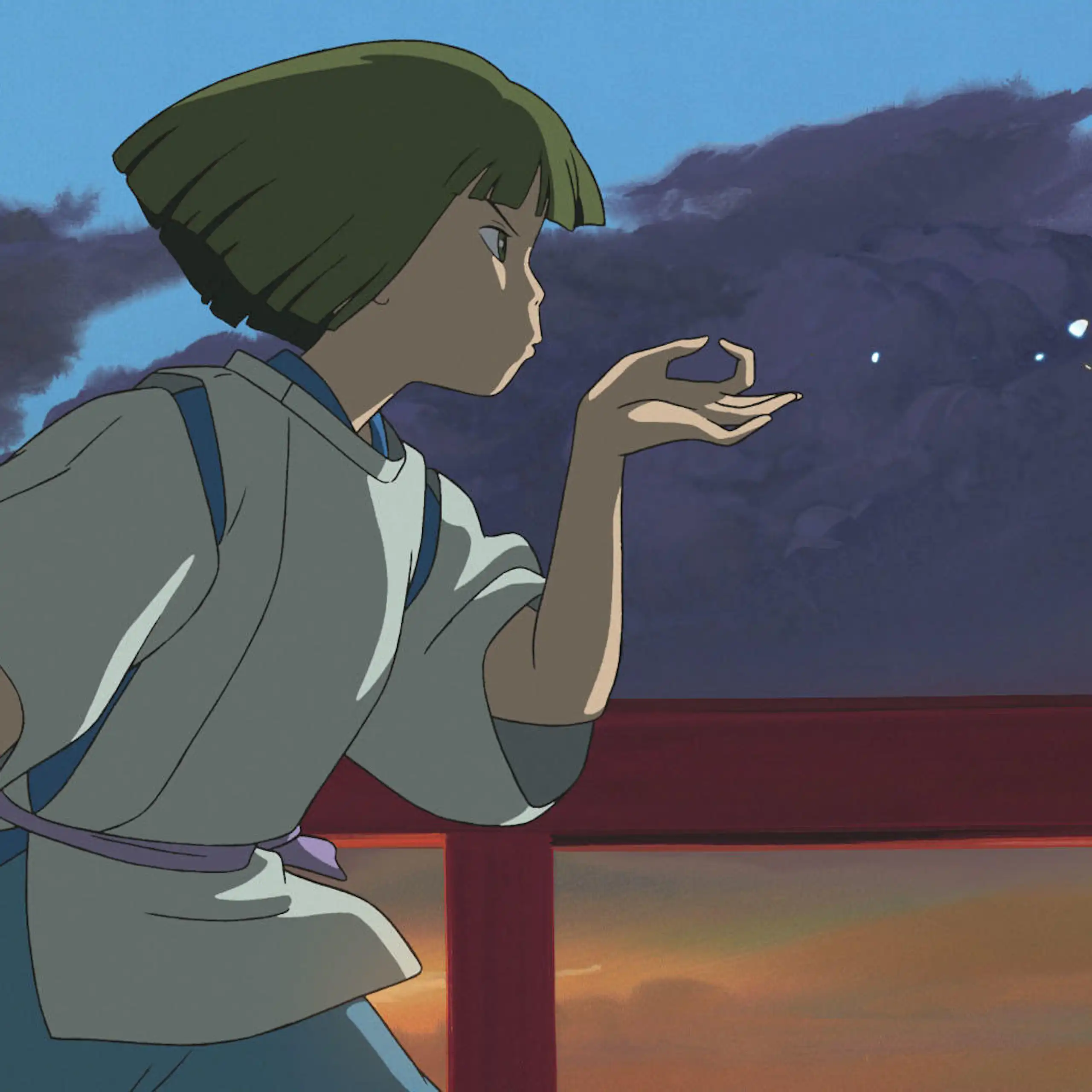 A cartoon showing a young child running with dark clouds in the background.