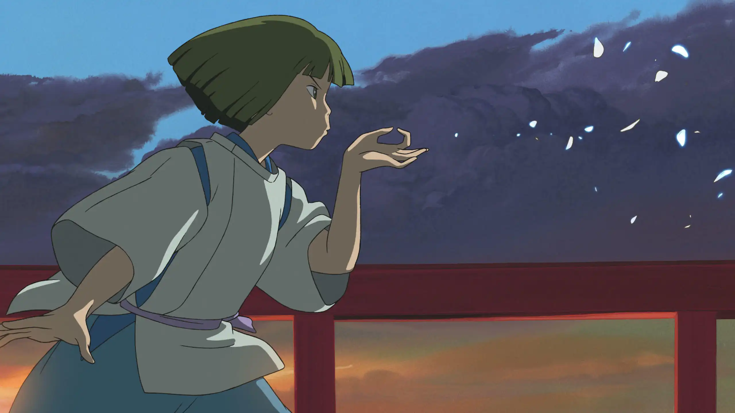 A cartoon showing a young child running with dark clouds in the background.
