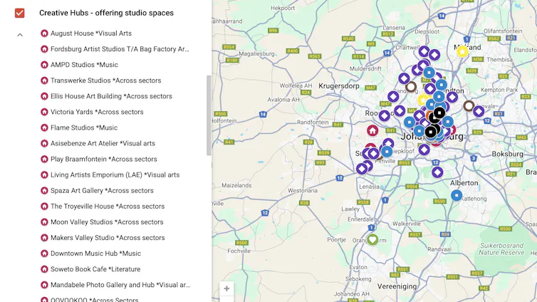 A map of a city with many locations marked in a large cluster, the names of the places listed alongside.