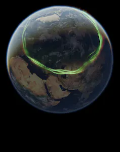 satellite image of Earth with a glowing green circle extending down across Europe