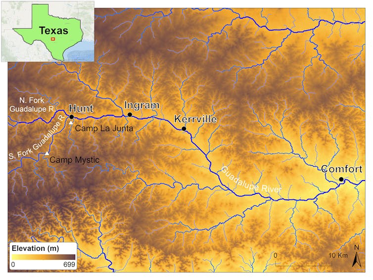 Anatomía flash: por qué la inundación de Texas era tan mortal 1 Mapa de Texas que muestra la topografía del río