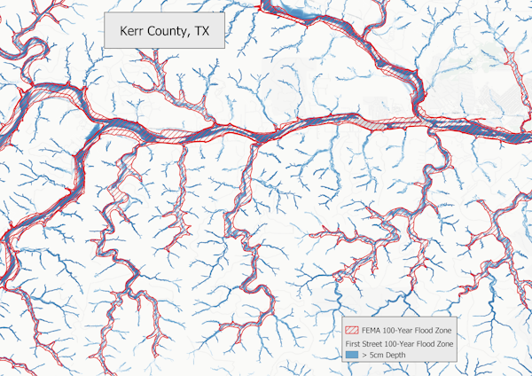 A map overlay shows how two 100-year flood maps compare. First Street shows many more streams.