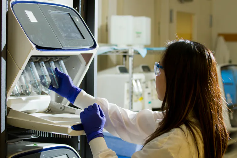 a technician puts a test tube in a machine