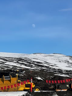 Moon visible in the day sky at Scott Base, Antarctica.