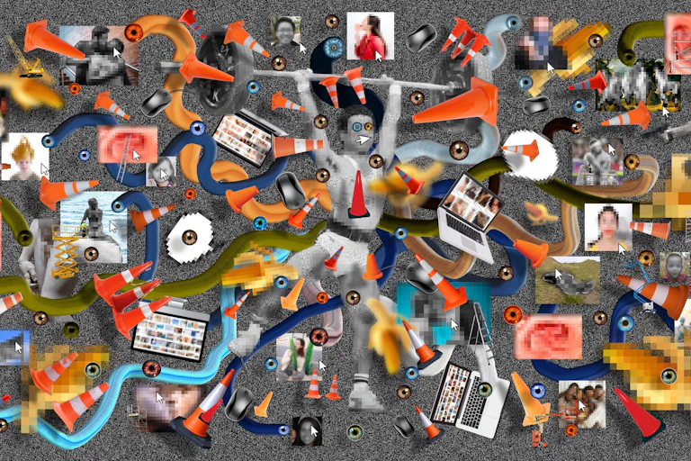 Collage depicting human-AI collaboration with multiple arms, screens, computer cursors and eyes highlight the extensive human labor involved.