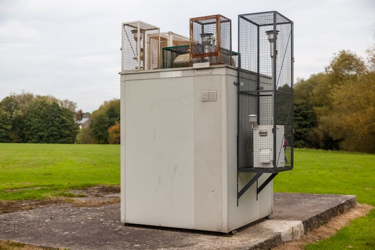 big air quality measuring equipment unit , grass in background, white sky