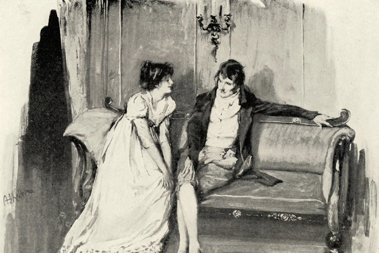 A 19th-century etching of a young woman and man on a bench talking at a ball.