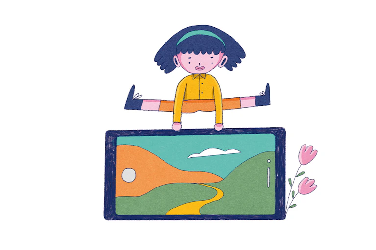Ilustración que muestra a una niña saltando por encima de un móvil de su tamaño colocado en horizontal