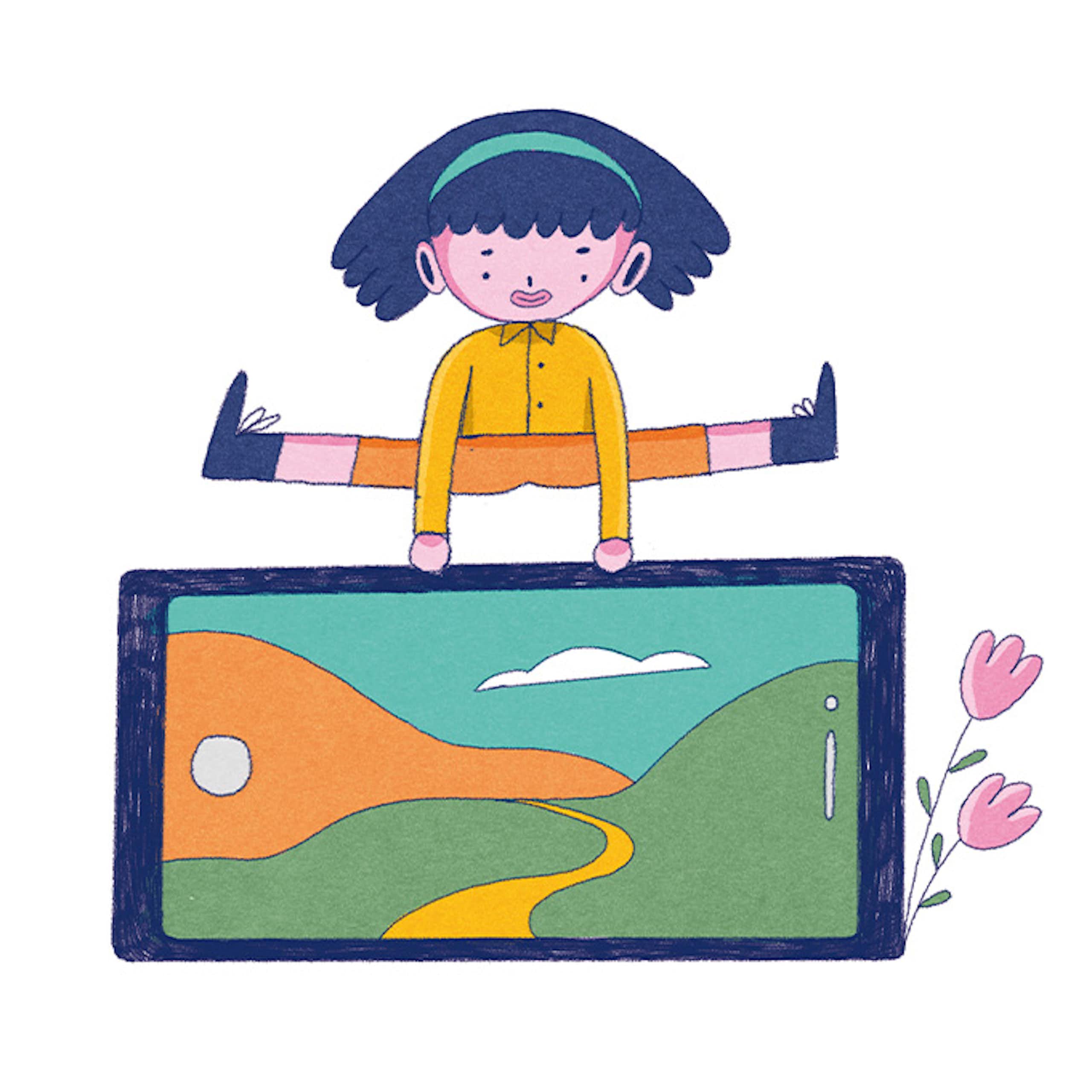 Ilustración que muestra a una niña saltando por encima de un móvil de su tamaño colocado en horizontal