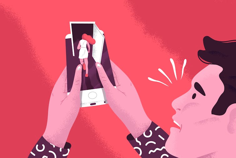Cartoonish illustration of a man holding a mobile phone, which shows a woman running away through an open door