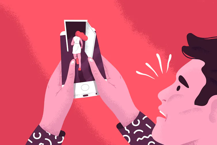 Cartoonish illustration of a man holding a mobile phone, which shows a woman running away through an open door