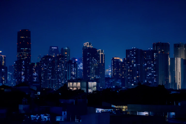 A muted city skyline at night.