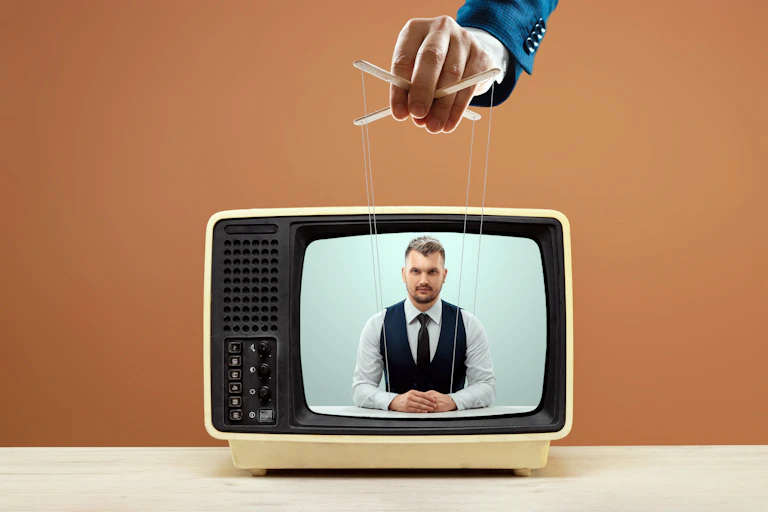 A man on a TV screen being manipulated by marionette strings held by a hand above.