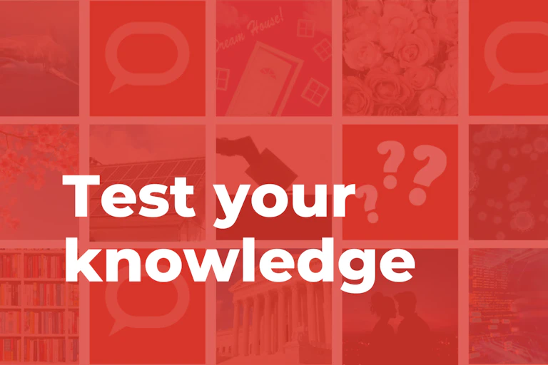 The words "Test your knowledge" on a a red background with lots of question marks