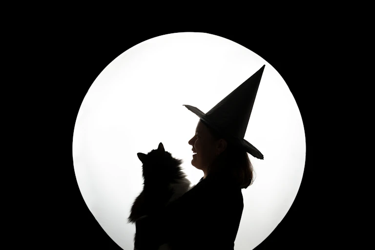 A silhouette of a witch in a pointed hat holding a cat against a large full moon on a black background.