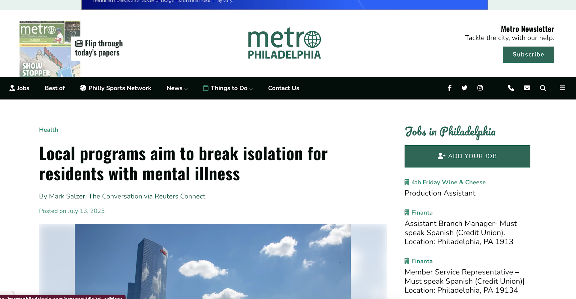 Headline in Metro Philadelphia says "Local programs aim to break isolation for residents with mental illness""