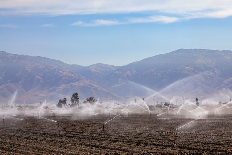A view of farmland with irrigation sprinklers spraying widely.