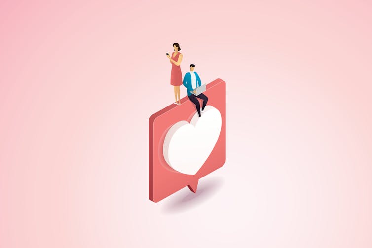 Ilustración de un hombre en una computadora portátil y una mujer sosteniendo un teléfono móvil sentado sobre el corazón