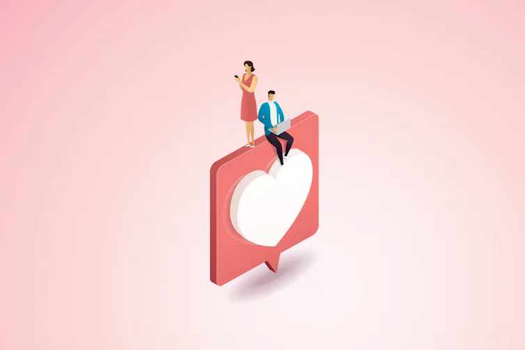 illustration of a man on a laptop and a woman holding a mobile phone sitting on top of a heart
