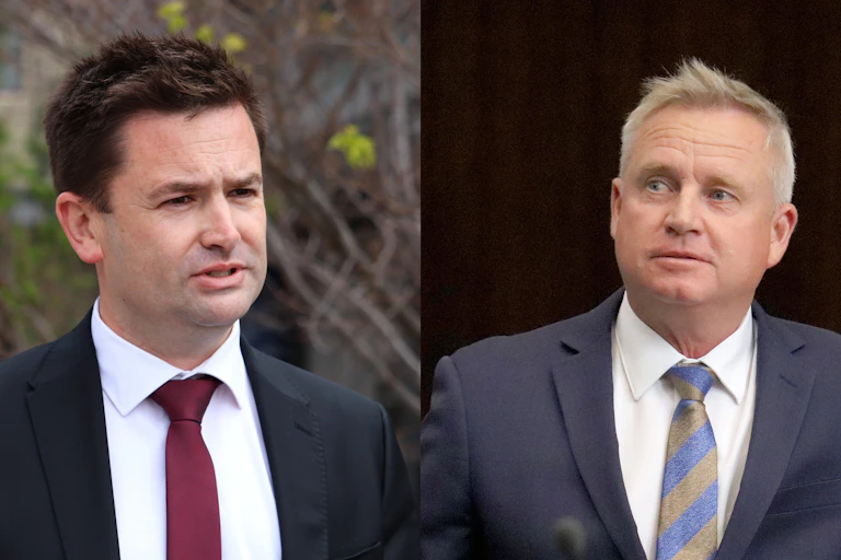 a composite image of two men in suits and ties
